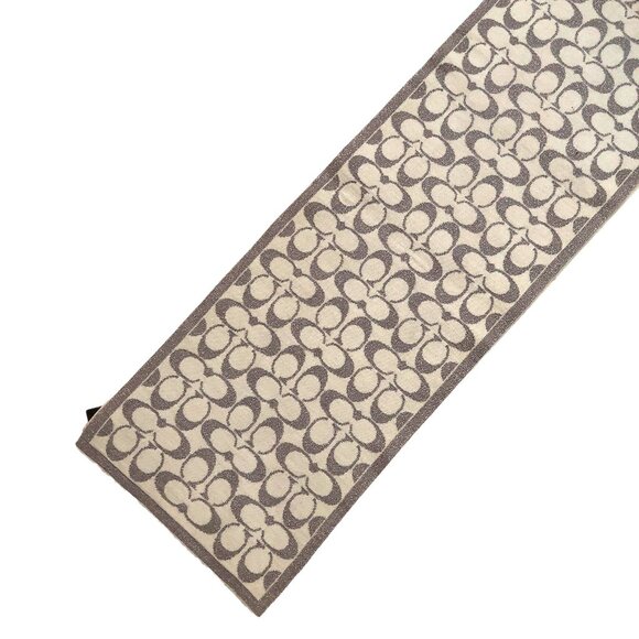 COACH Classic Silver & Cream Monogram C Logo Wool Blend Pre-owned Scarf - Picture 7 of 13